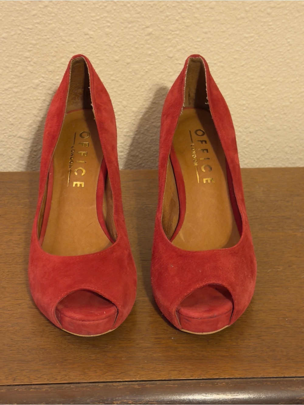 Office London Red Suede Peep Toe Heels